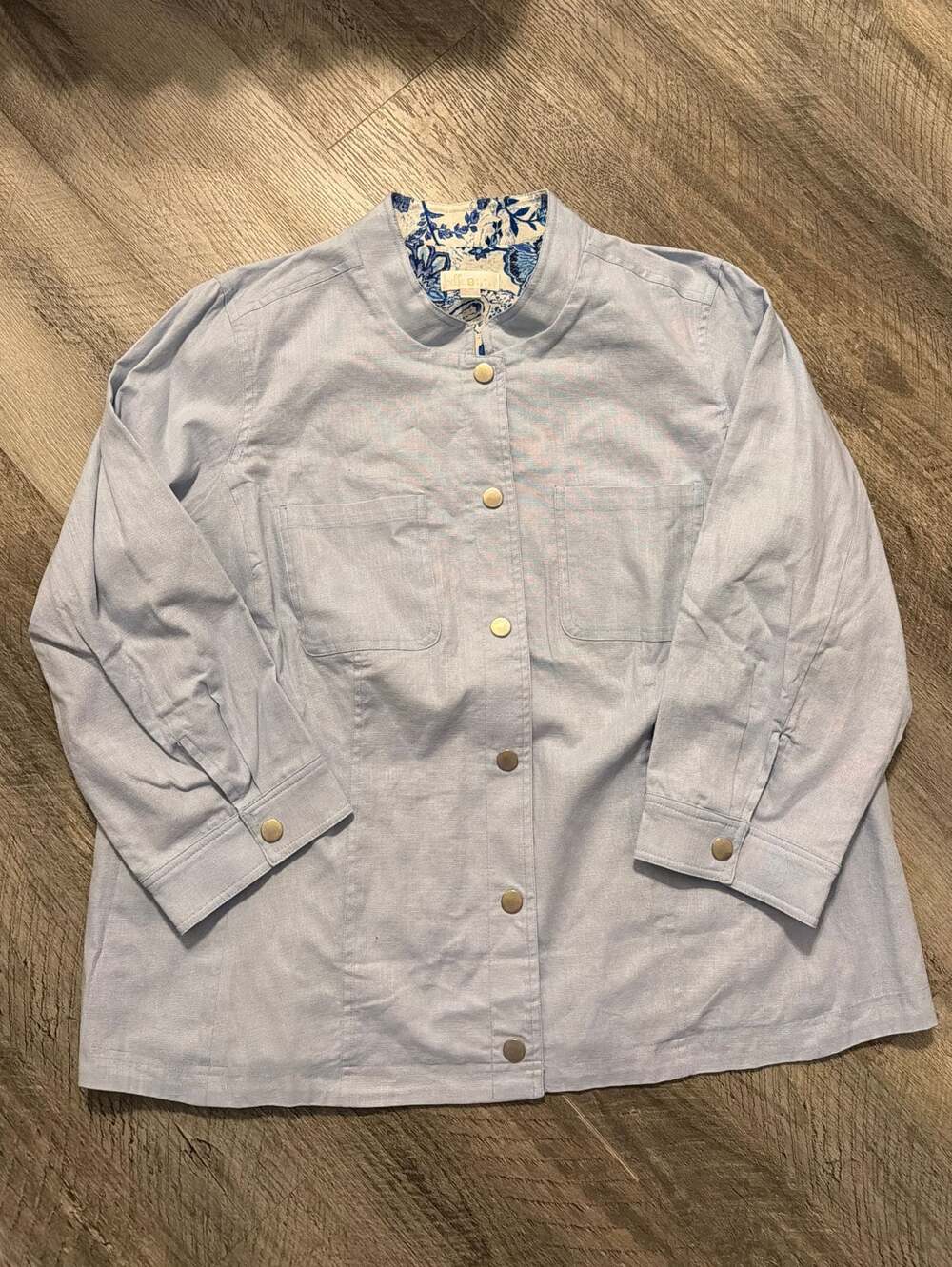 Belle by Kim Gravel Pale Blue Snap-Front Utility Jacket with Floral Lining Size